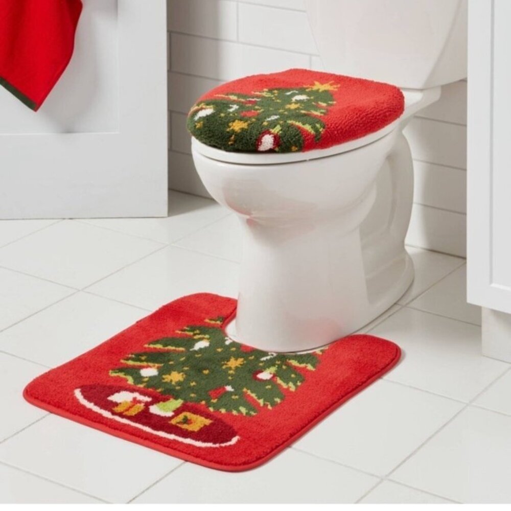 WonderShop 2-Pc Christmas Tree Toilet Lid Cover & Contour Rug Set Red | Holiday